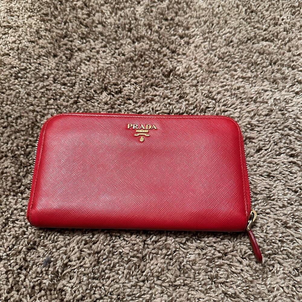 Prada Red Saffiano Zip Wallet with Gold Logo - Picture 12 of 13